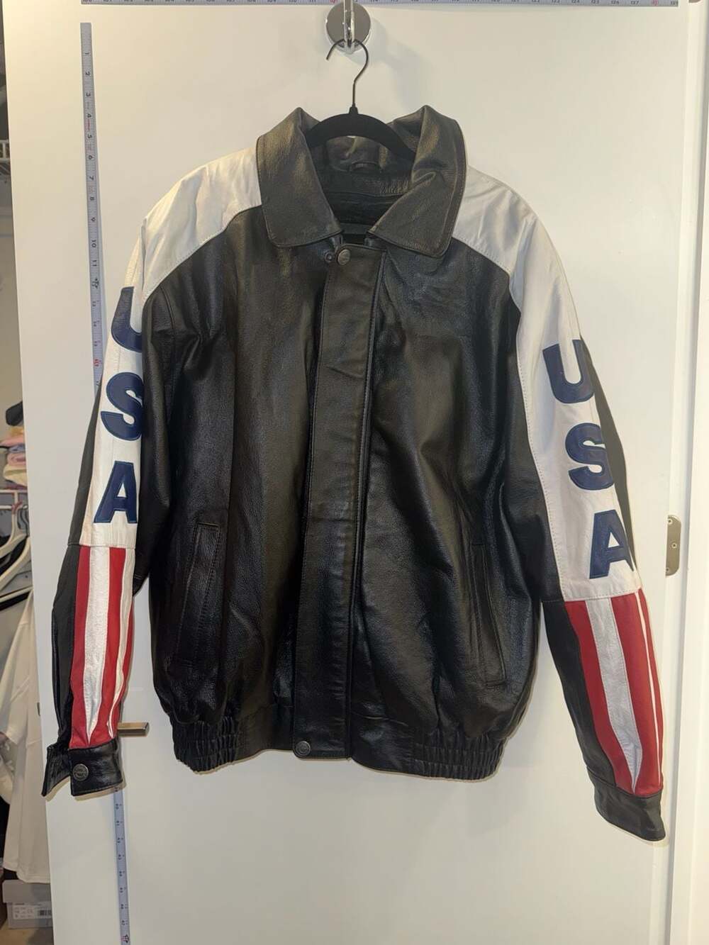Oscar Piel USA Flag Leather Bomber Jacket Size L